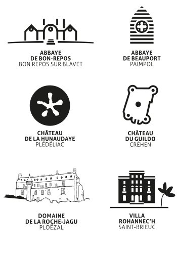 Les logos des 6 domaines départementaux (La Roche Jagu, la Villa Rohannec'h, le Château du Guildo, l'abbaye de Beauport, l'abbaye de Bon-repos, le château de la Hunaudaye)