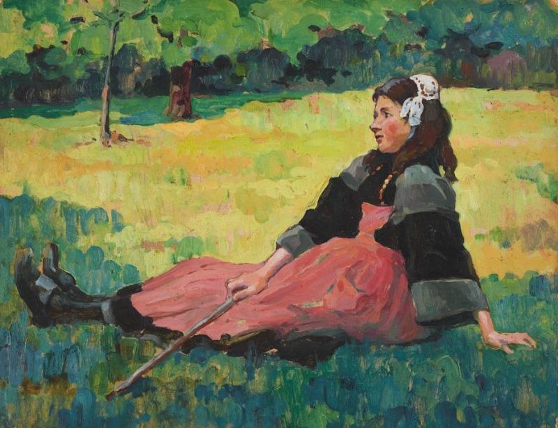 Jeanne-Marie Barbey, "Gardienne de troupeau", première moitié du XXe siècle, huile sur carton, 95.1.51, coll. Musées de Vannes – Ville de Vannes.