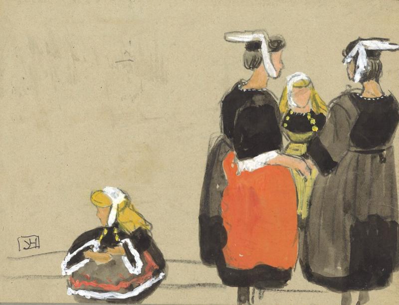 Yvonne Jean-Haffen,  "Femmes et petites filles en costume traditionnel" (étude de costume), gouache sur papier, D56.110, coll. Musée Yvonne-Jean-Haffen – Ville de Dinan.