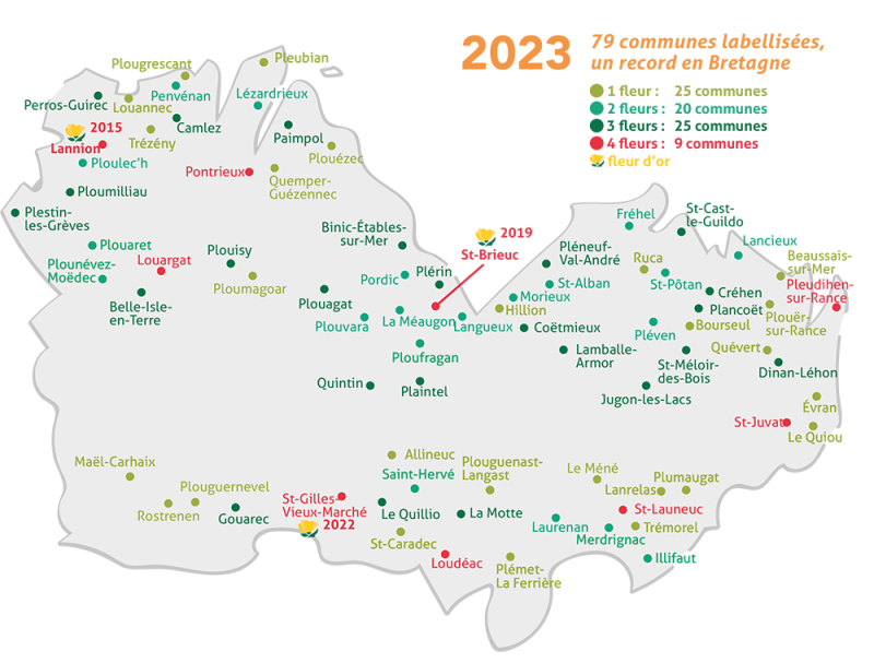 Carte des villes et villages fleuris en Côtes d'Armor